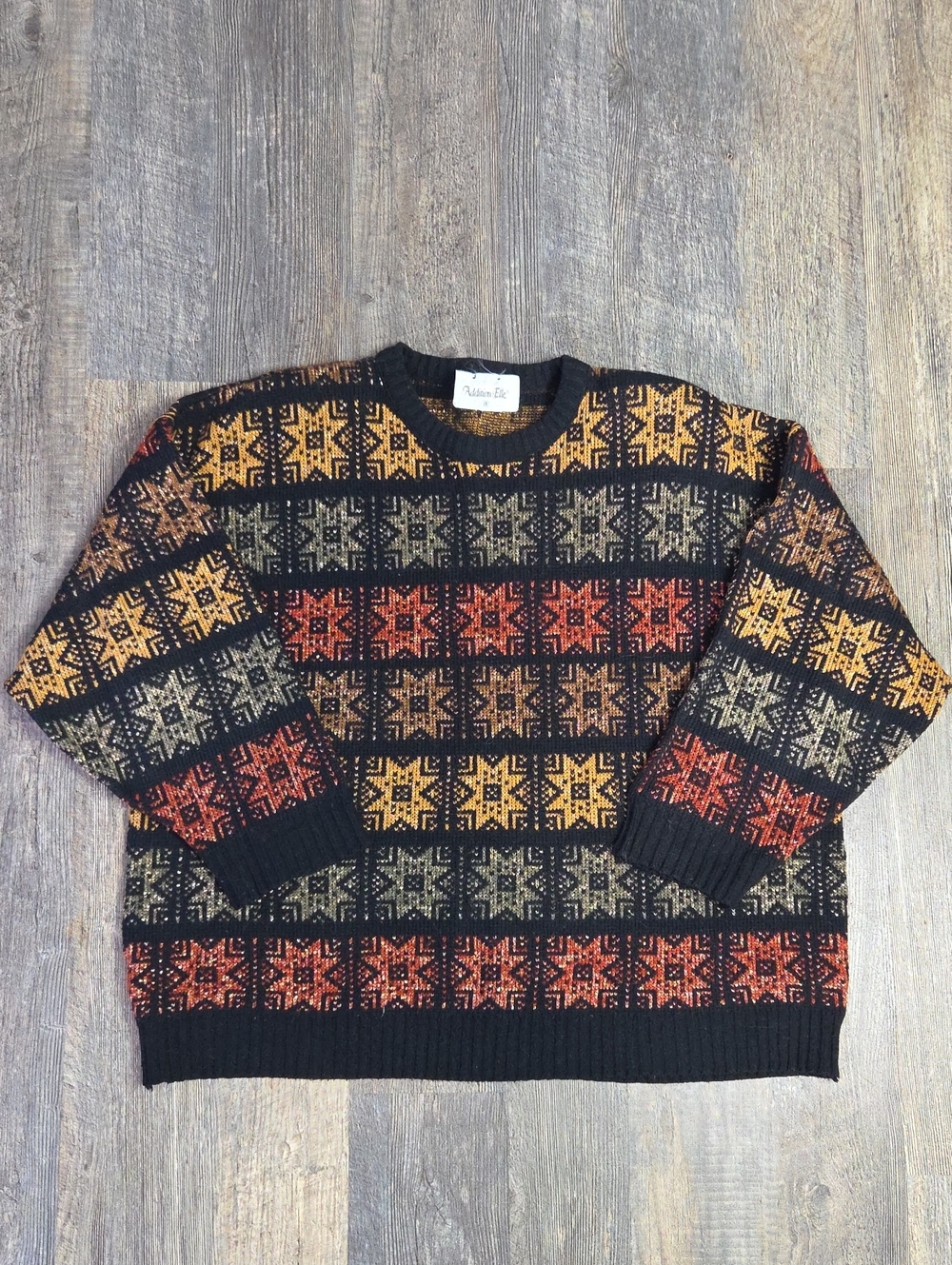 Addition Elle Black Crewneck Sweater with Orange and Yellow Fair Isle